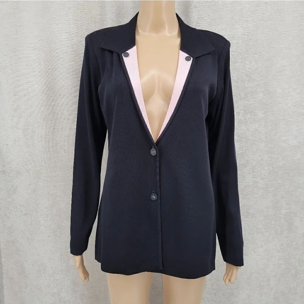 Misook Black with Pink Lapel Knit Jacket Blazer Cardigan Women's Size XS